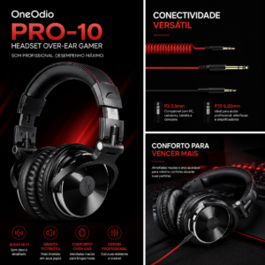 Headset Gamer OneOdio Pro-10 Over-Ear – Som Profissional com Conectores P2 e P10